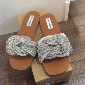 Steve Madden Adore Silver Braided Crystal Slide Sandals - Tan Footbed